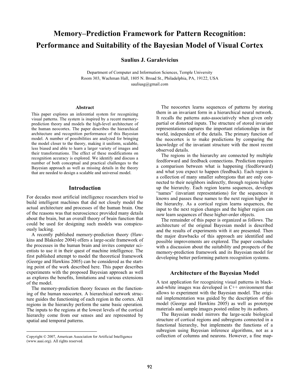 Memory-Prediction Framework for Pattern Recognition: Performance