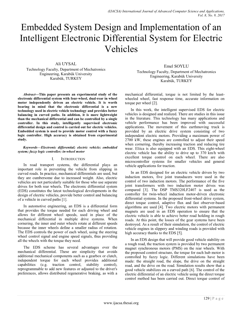 Embedded System Design and Implementation of an Intelligent Electronic Differential System for Electric Vehicles