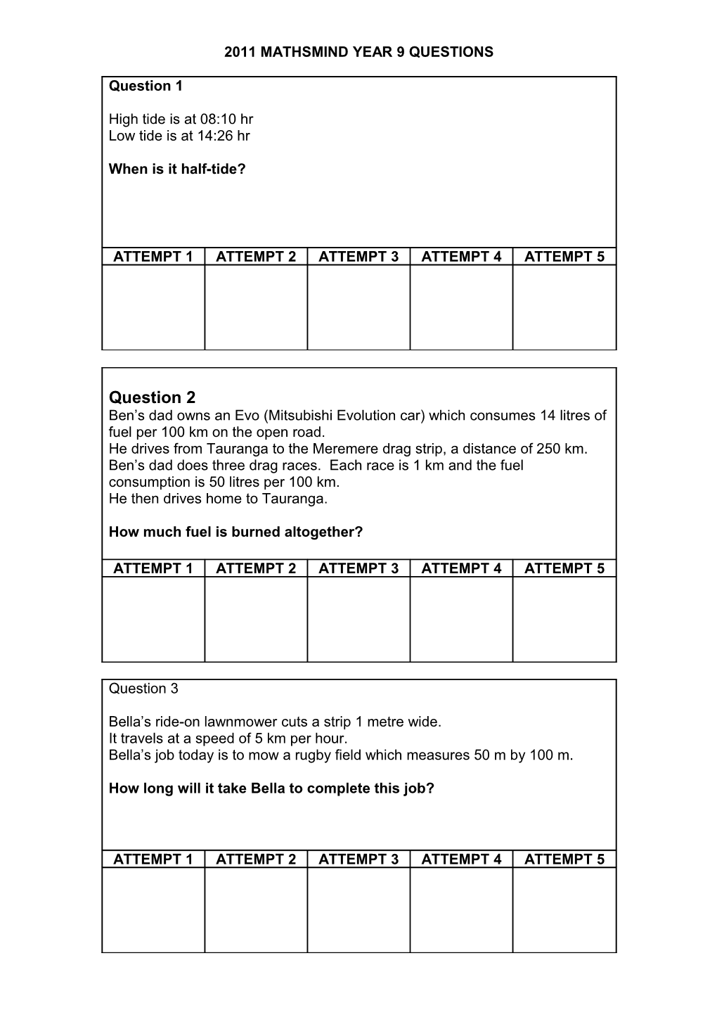 2011 Mathsmind Year 9 Questions