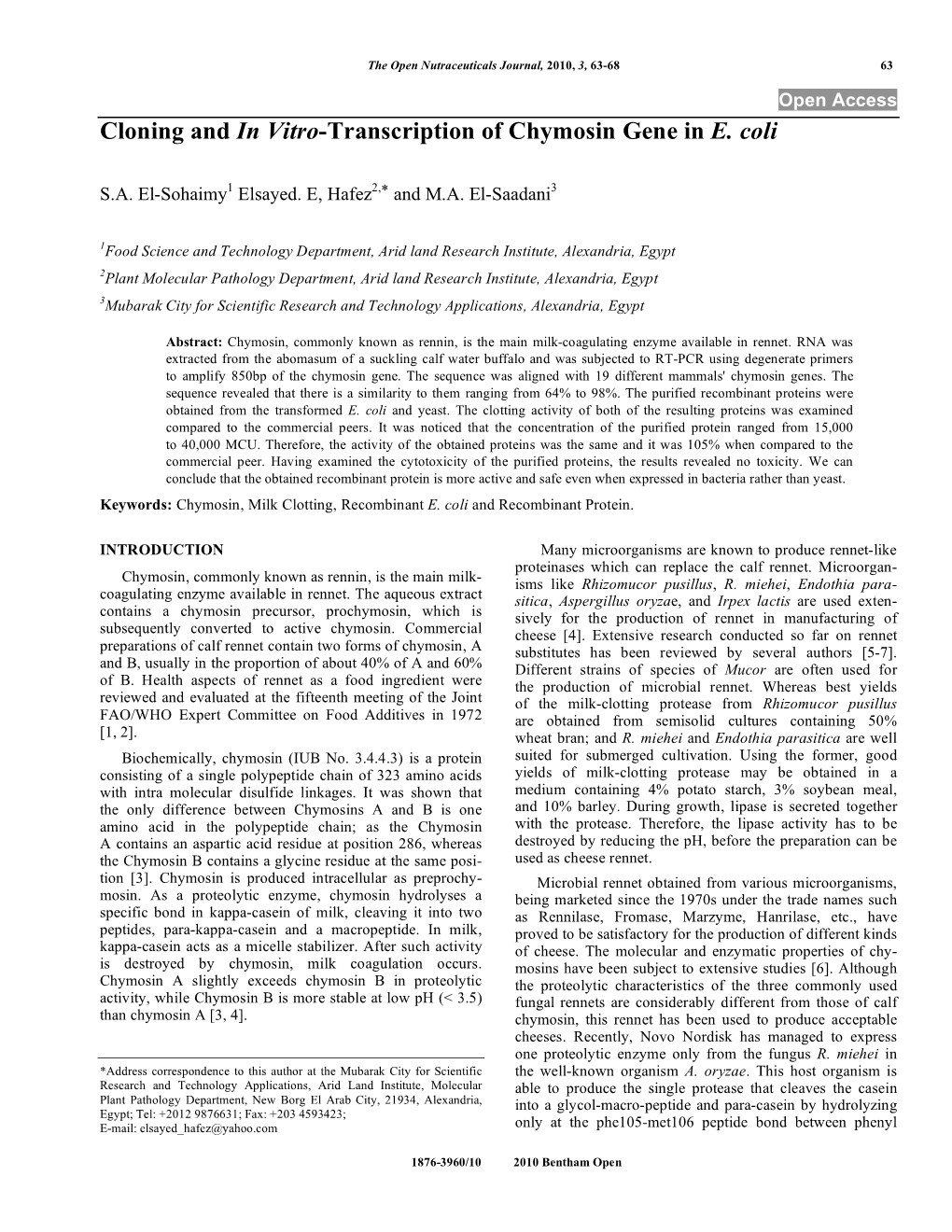 Cloning and in Vitro-Transcription of Chymosin Gene in E. Coli