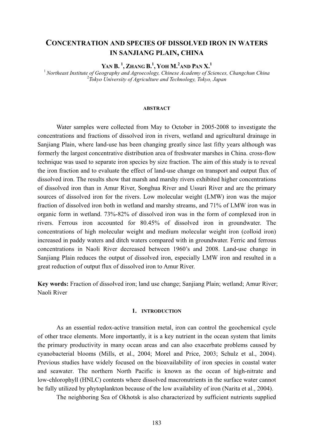 Concentration and Species of Dissolved Iron in Waters in Sanjiang Plain, China