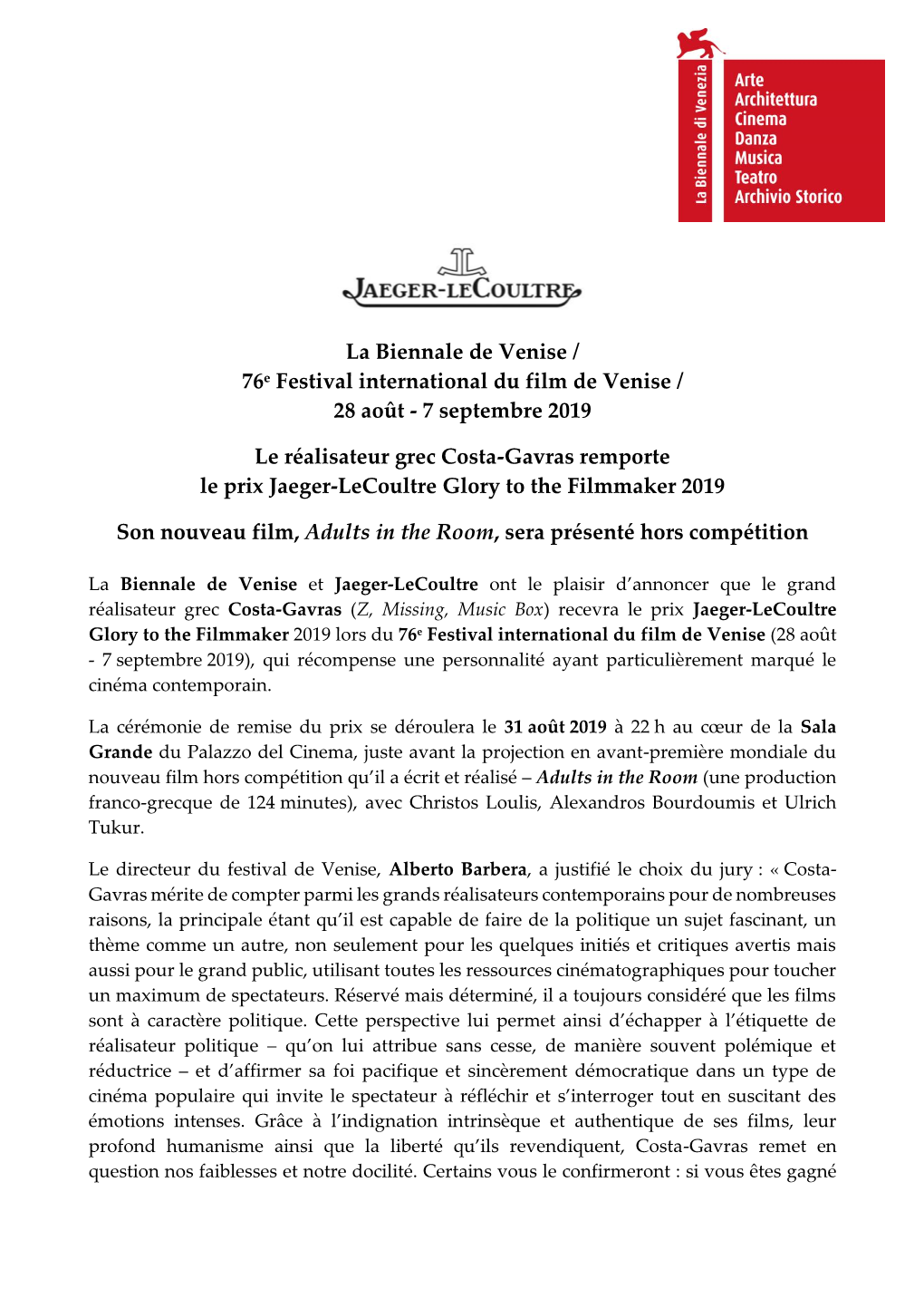 La Biennale De Venise / 76E Festival International Du Film De Venise / 28 Août - 7 Septembre 2019