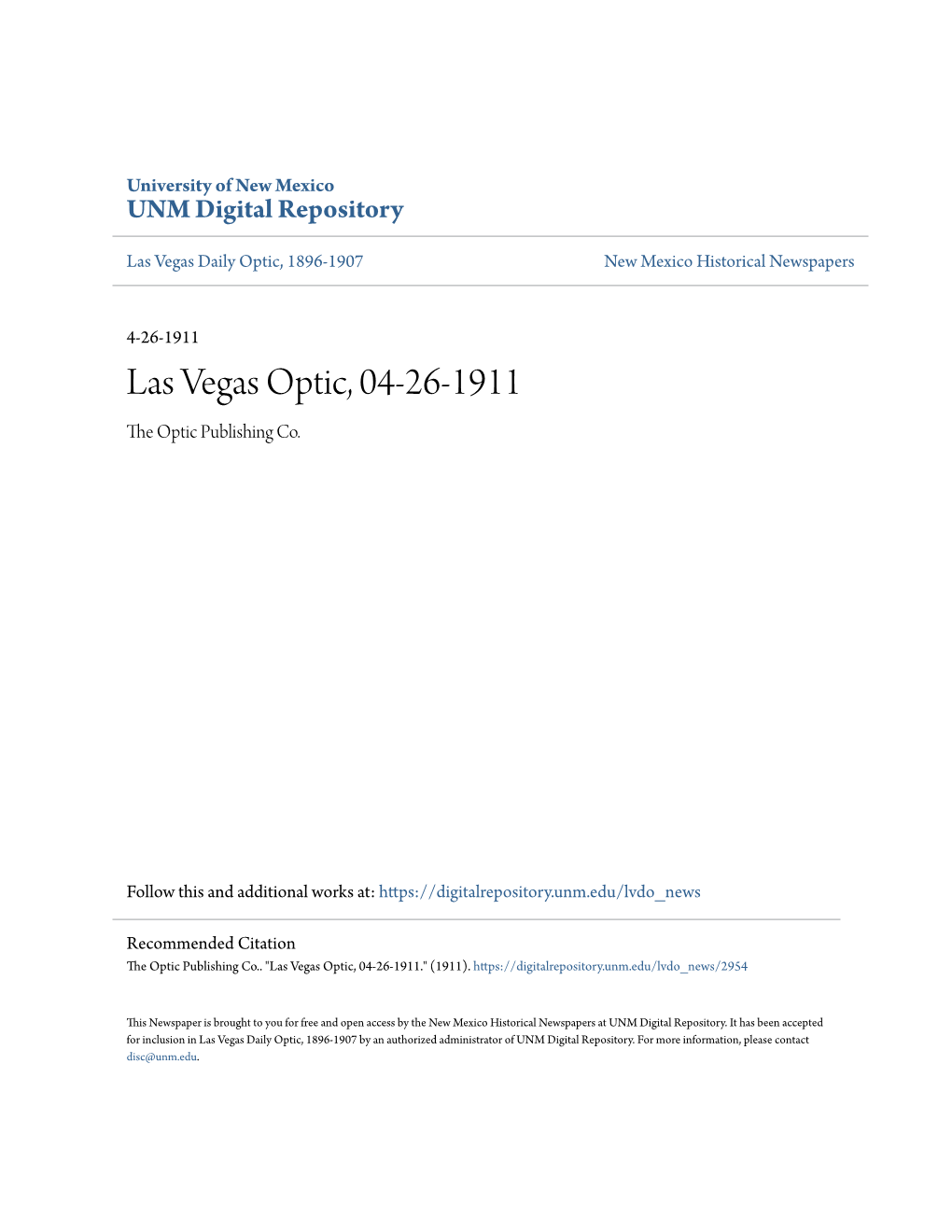 Las Vegas Optic, 04-26-1911 the Optic Publishing Co
