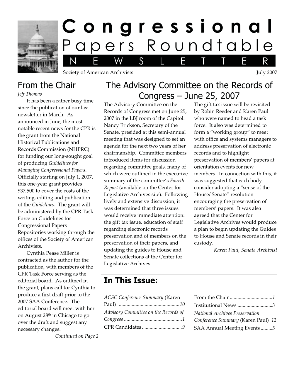 Congressional Papers Roundtable NEWSLETTER