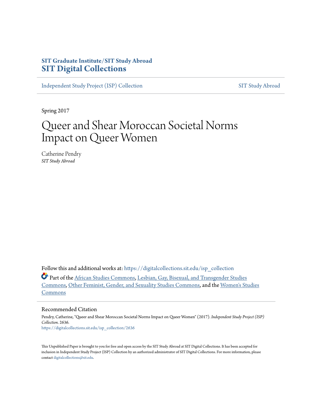 Queer and Shear Moroccan Societal Norms Impact on Queer Women Catherine Pendry SIT Study Abroad