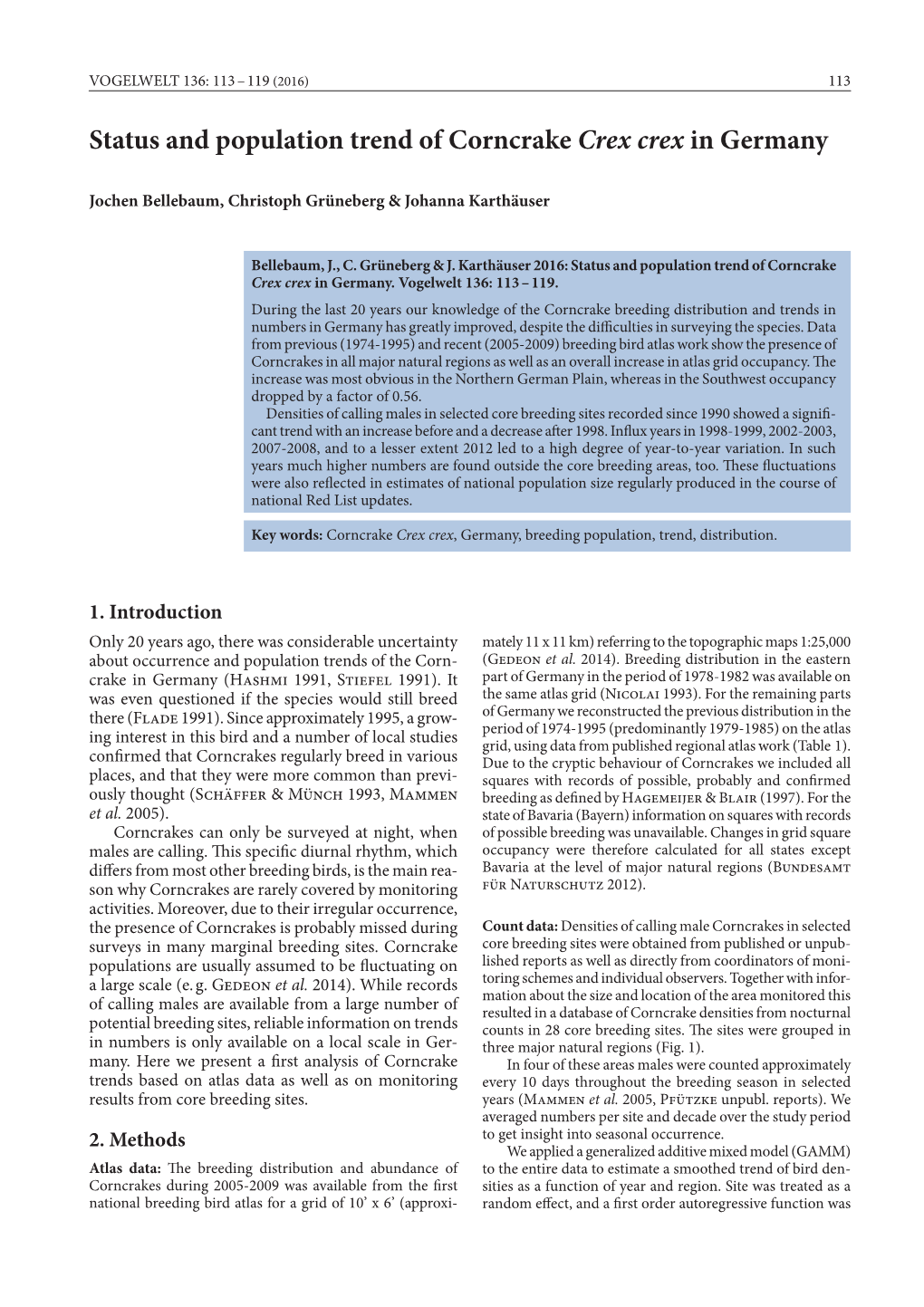 Status and Population Trend of Corncrake Crex Crex in Germany