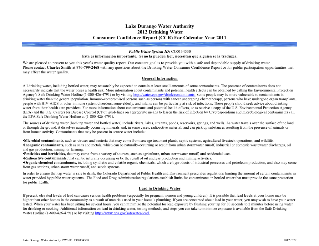 Lake Durango Water Authority 2012 Drinking Water Consumer Confidence Report (CCR) for Calendar Year 2011