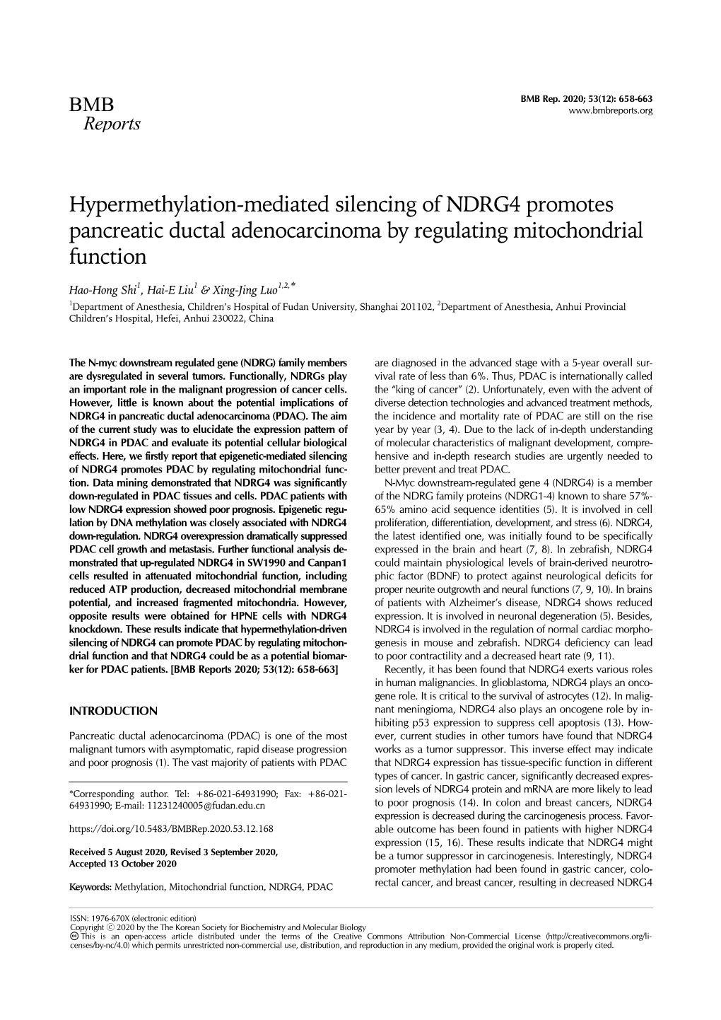 Hypermethylation-Mediated Silencing of NDRG4 Promotes Pancreatic Ductal Adenocarcinoma by Regulating Mitochondrial Function