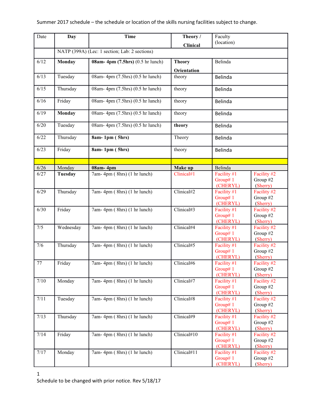 Summer 2017 Schedule the Schedule Or Location of the Skills Nursing Facilities Subject