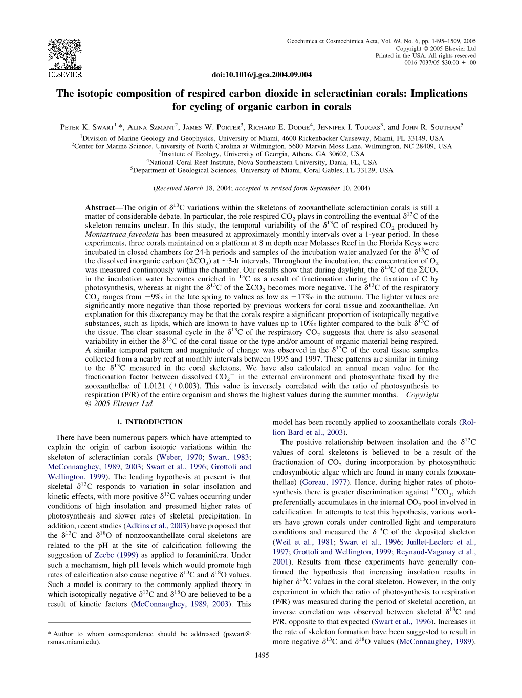 The Isotopic Composition of Respired Carbon Dioxide in Scleractinian Corals: Implications for Cycling of Organic Carbon in Corals