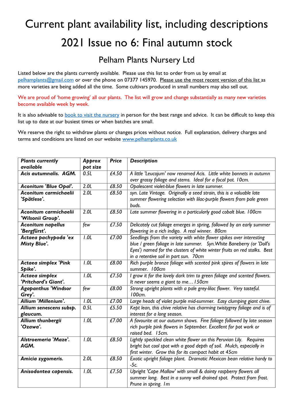 Current Plant Availability List, Including Descriptions 2021 Issue No 6: Final Autumn Stock Pelham Plants Nursery Ltd