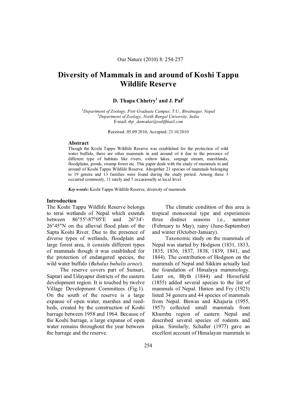 Diversity of Mammals in and Around of Koshi Tappu Wildlife Reserve