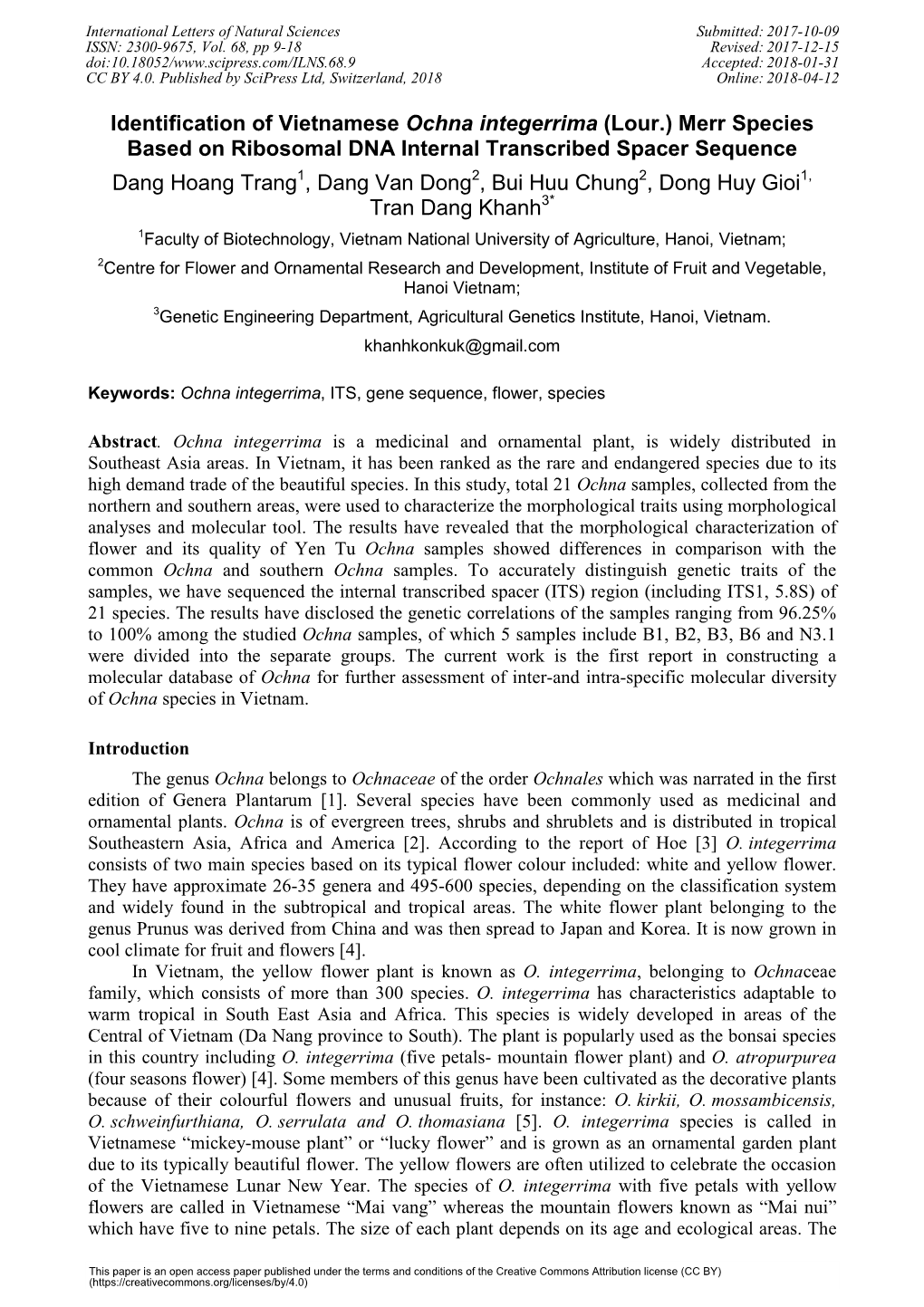 Identification of Vietnamese Ochna Integerrima&Nbsp