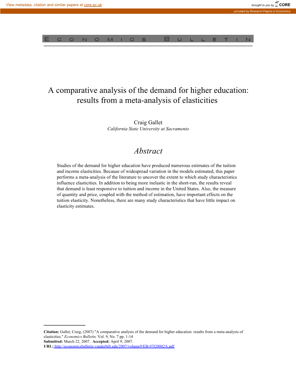 A Comparative Analysis of the Demand for Higher Education: Results from a Meta-Analysis of Elasticities