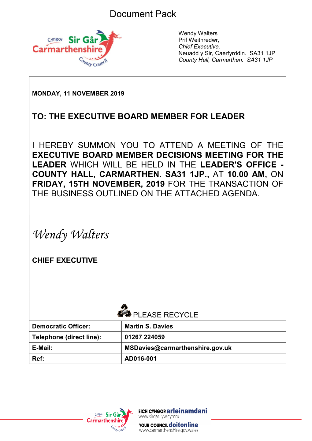 (Public Pack)Agenda Document for Executive Board Member Decisions Meeting for the Leader, 15/11/2019 10:00