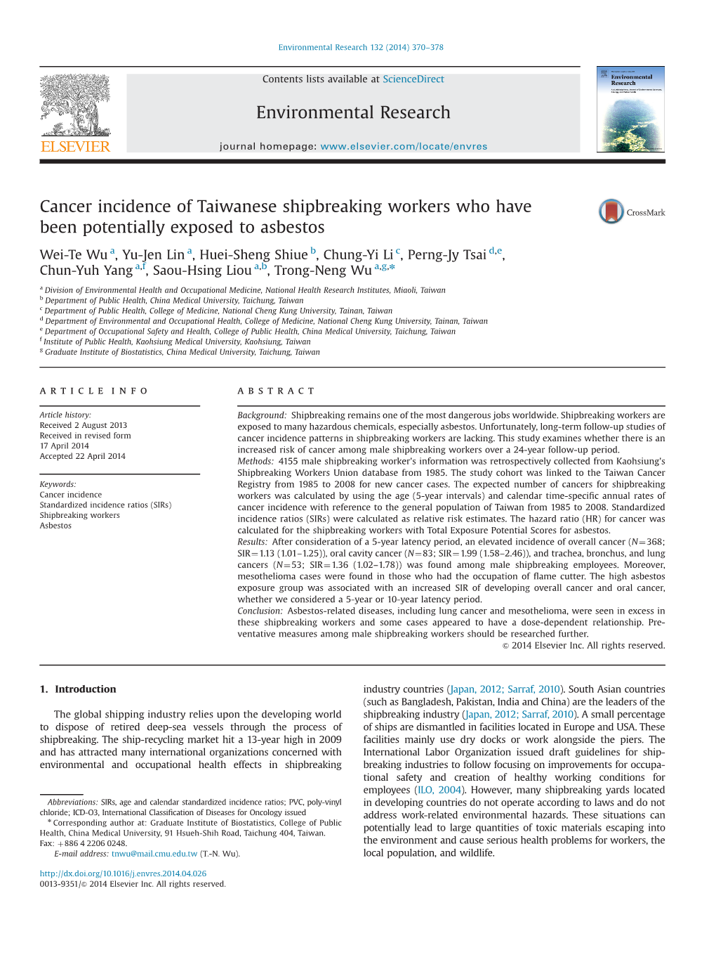 Cancer Incidence of Taiwanese Shipbreaking Workers Who Have Been Potentially Exposed to Asbestos