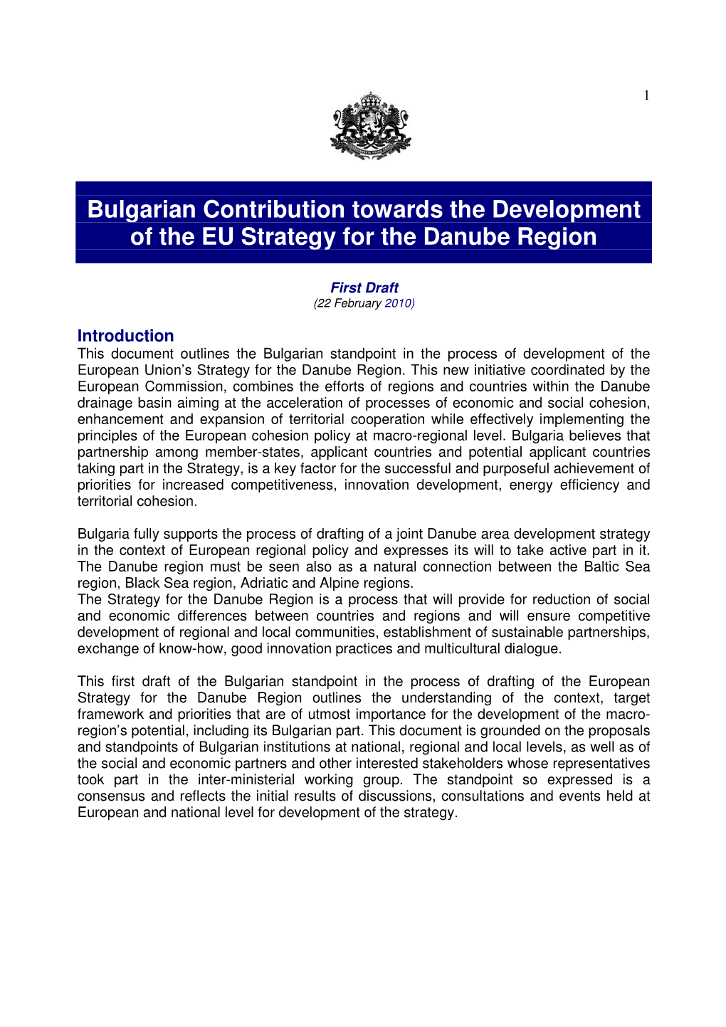 Bulgarian Contribution Towards the Development of the EU Strategy for the Danube Region
