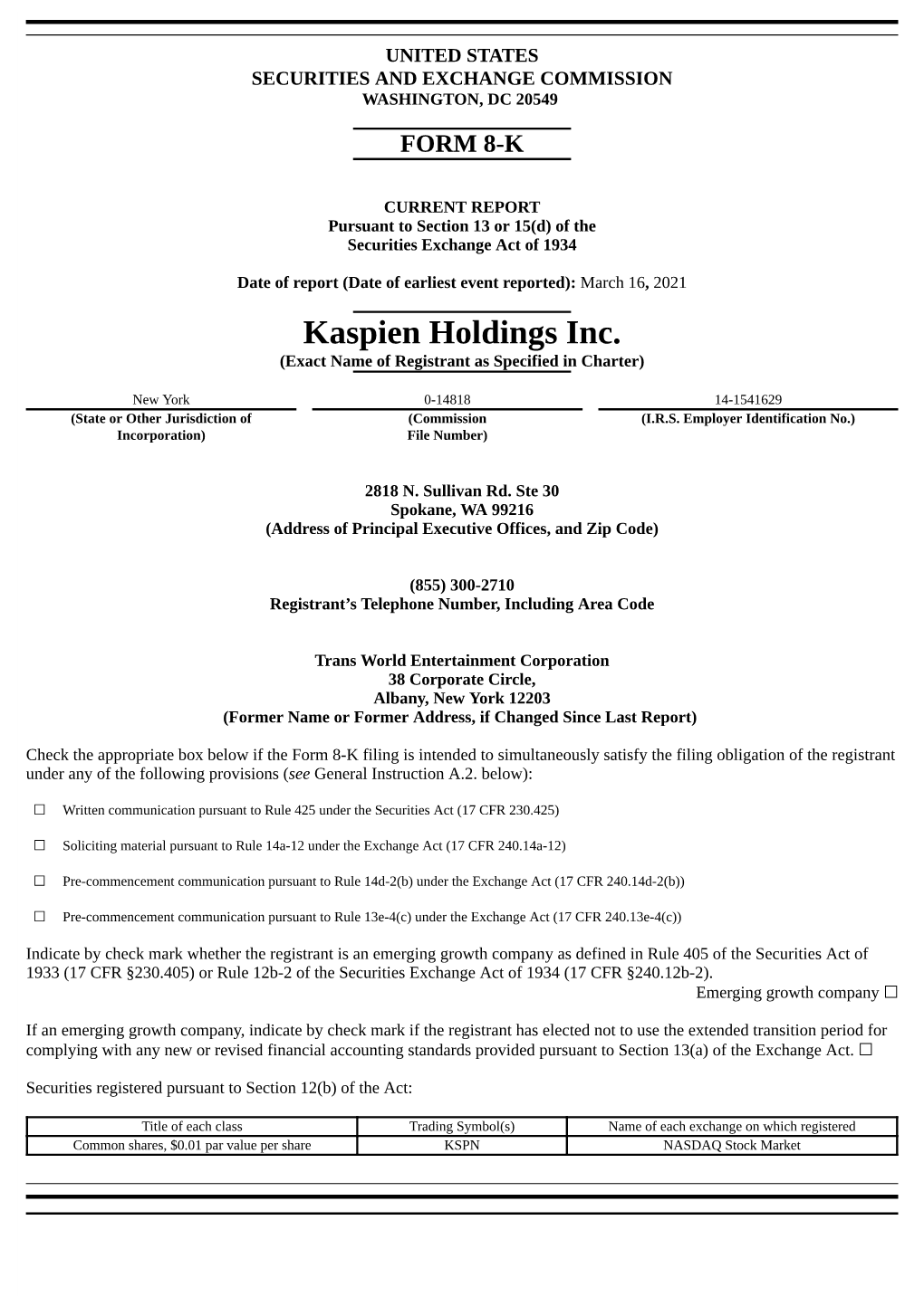 Kaspien Holdings Inc. (Exact Name of Registrant As Specified in Charter)