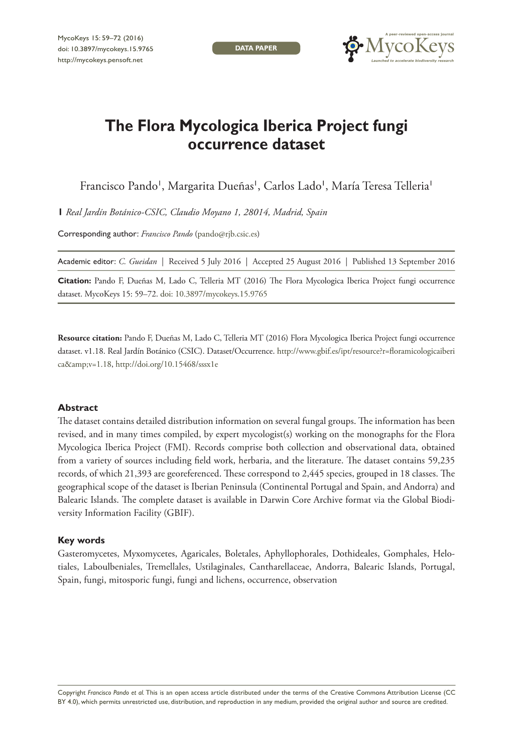 ﻿The Flora Mycologica Iberica Project Fungi Occurrence Dataset