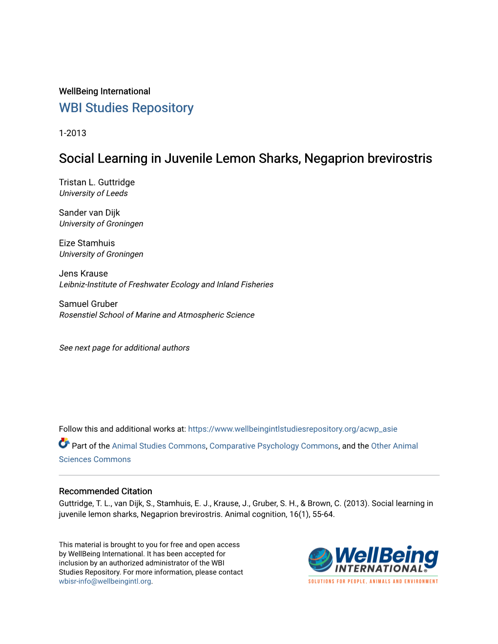 Social Learning in Juvenile Lemon Sharks, Negaprion Brevirostris