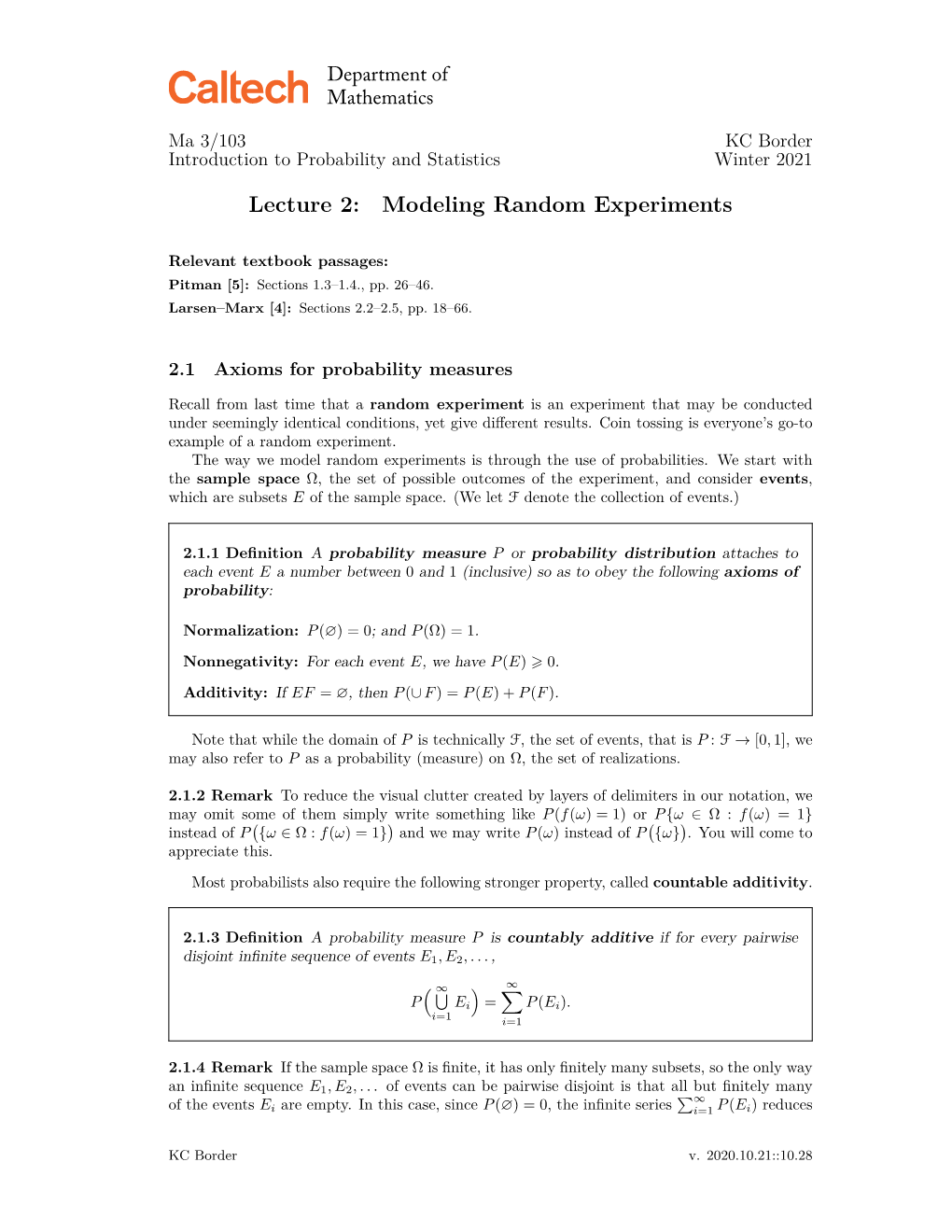 Lecture 2: Modeling Random Experiments