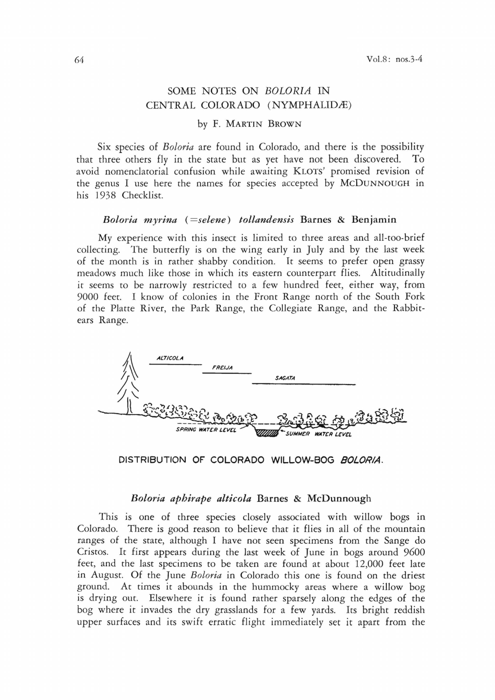 SOME NOTES on BOLORIA in CENTRAL COLORADO (NYMPHALIDJE) by F. MARTIN BROWN Six Species of Boloria Are Found in Colorado, And