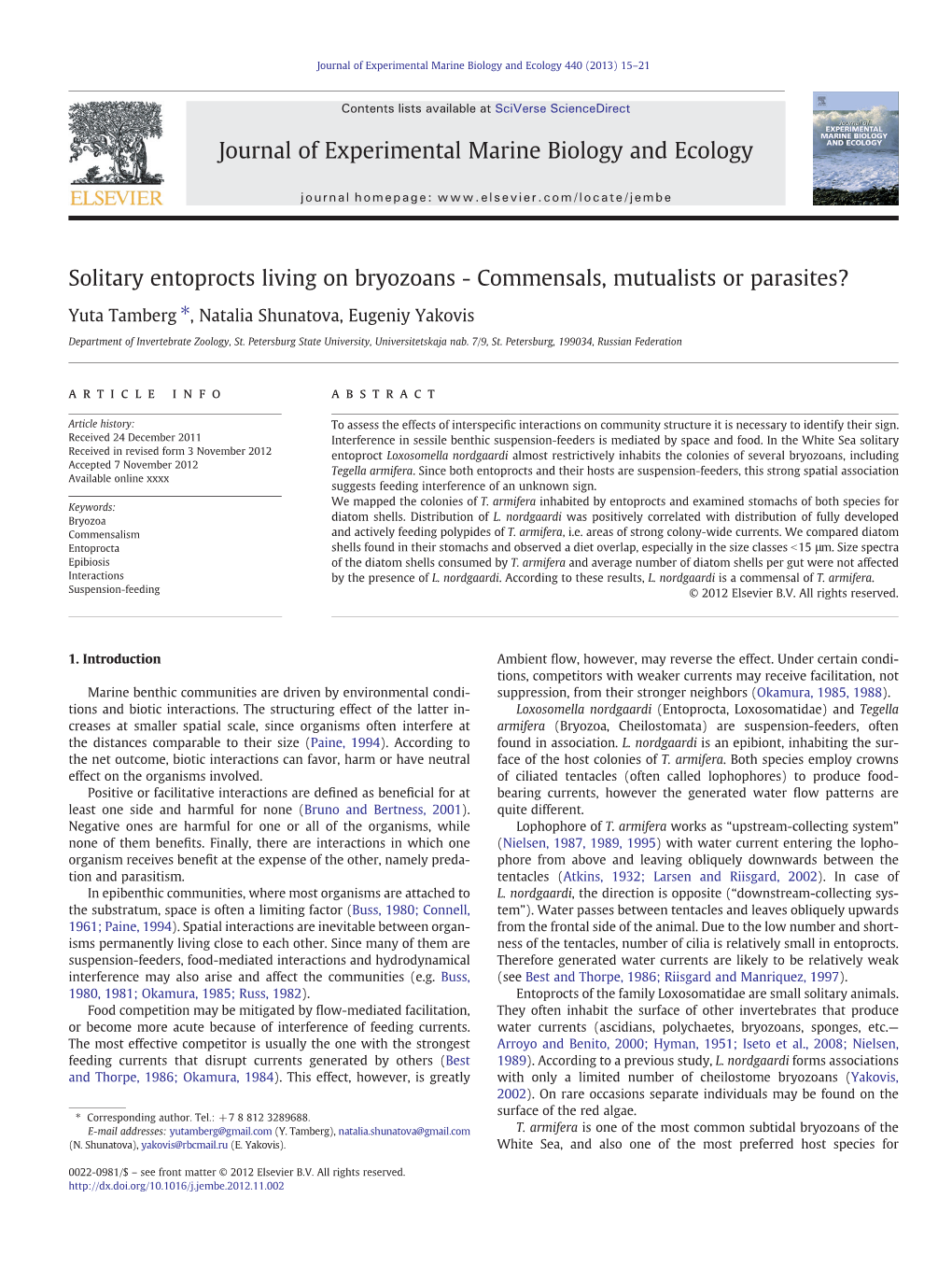 Solitary Entoprocts Living on Bryozoans - Commensals, Mutualists Or Parasites?