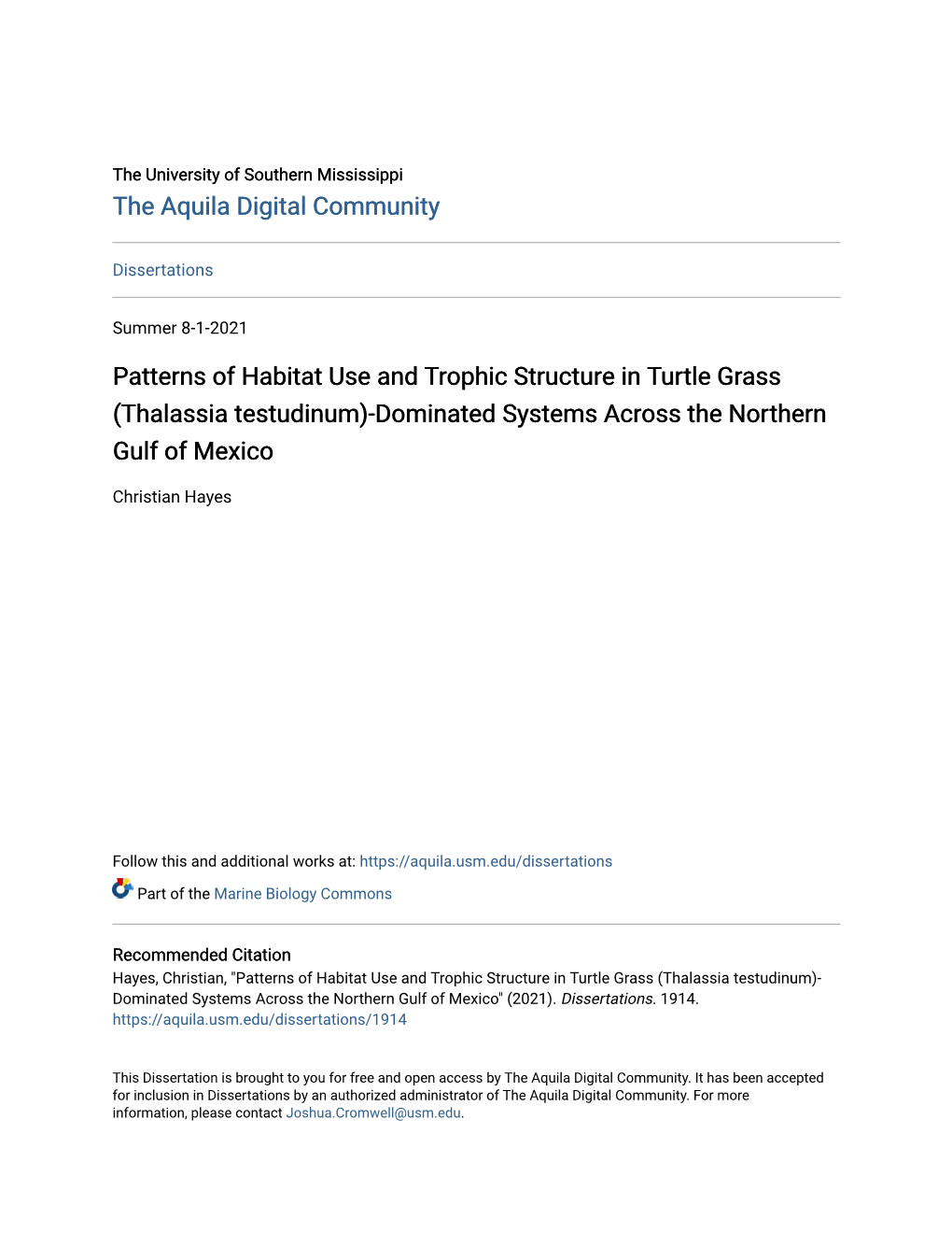 Thalassia Testudinum)-Dominated Systems Across the Northern Gulf of Mexico