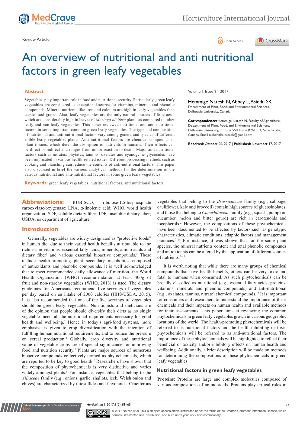 An Overview of Nutritional and Anti Nutritional Factors in Green Leafy Vegetables