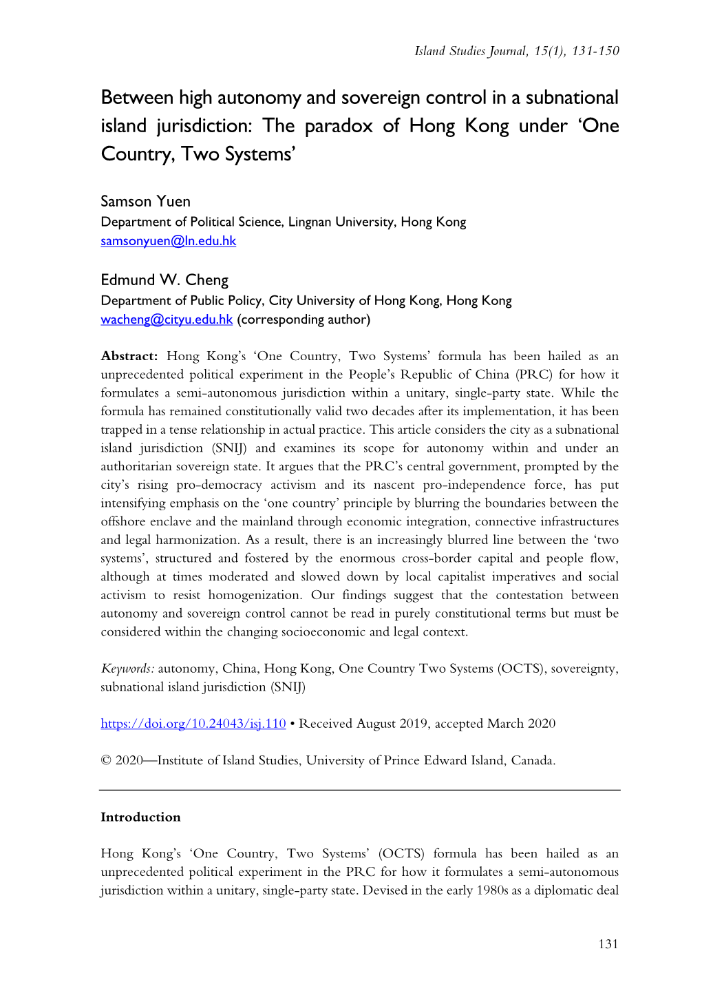 Between High Autonomy and Sovereign Control in a Subnational Island Jurisdiction: the Paradox of Hong Kong Under ‘One Country, Two Systems’