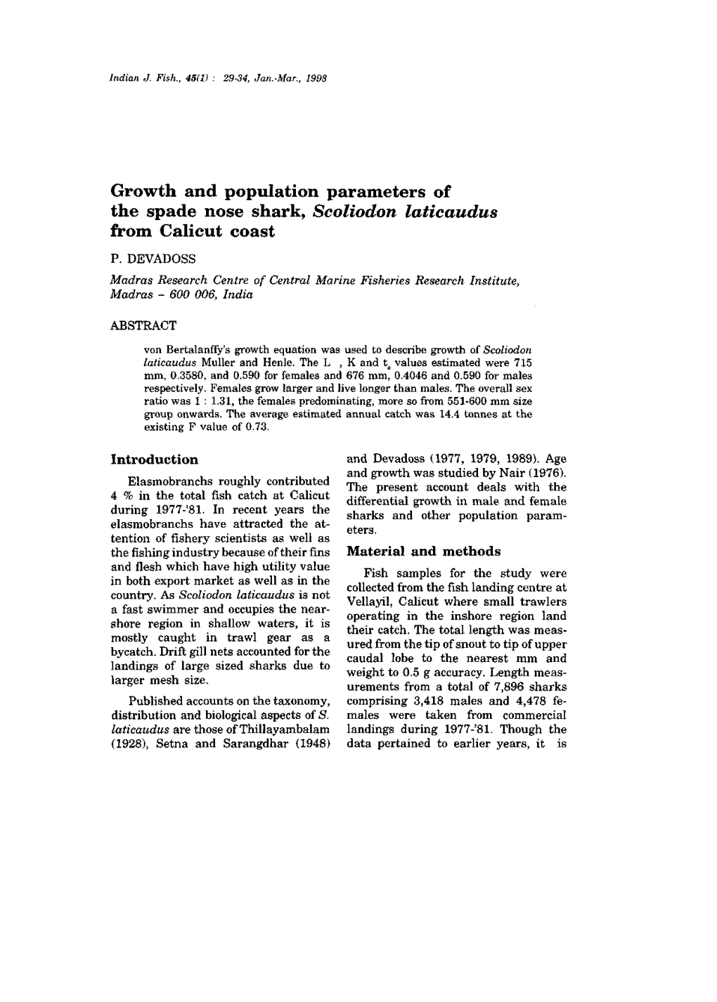 Growth and Population Parameters of the Spade Nose Shark, Scoliodon Laticaudus from Calicut Coast P