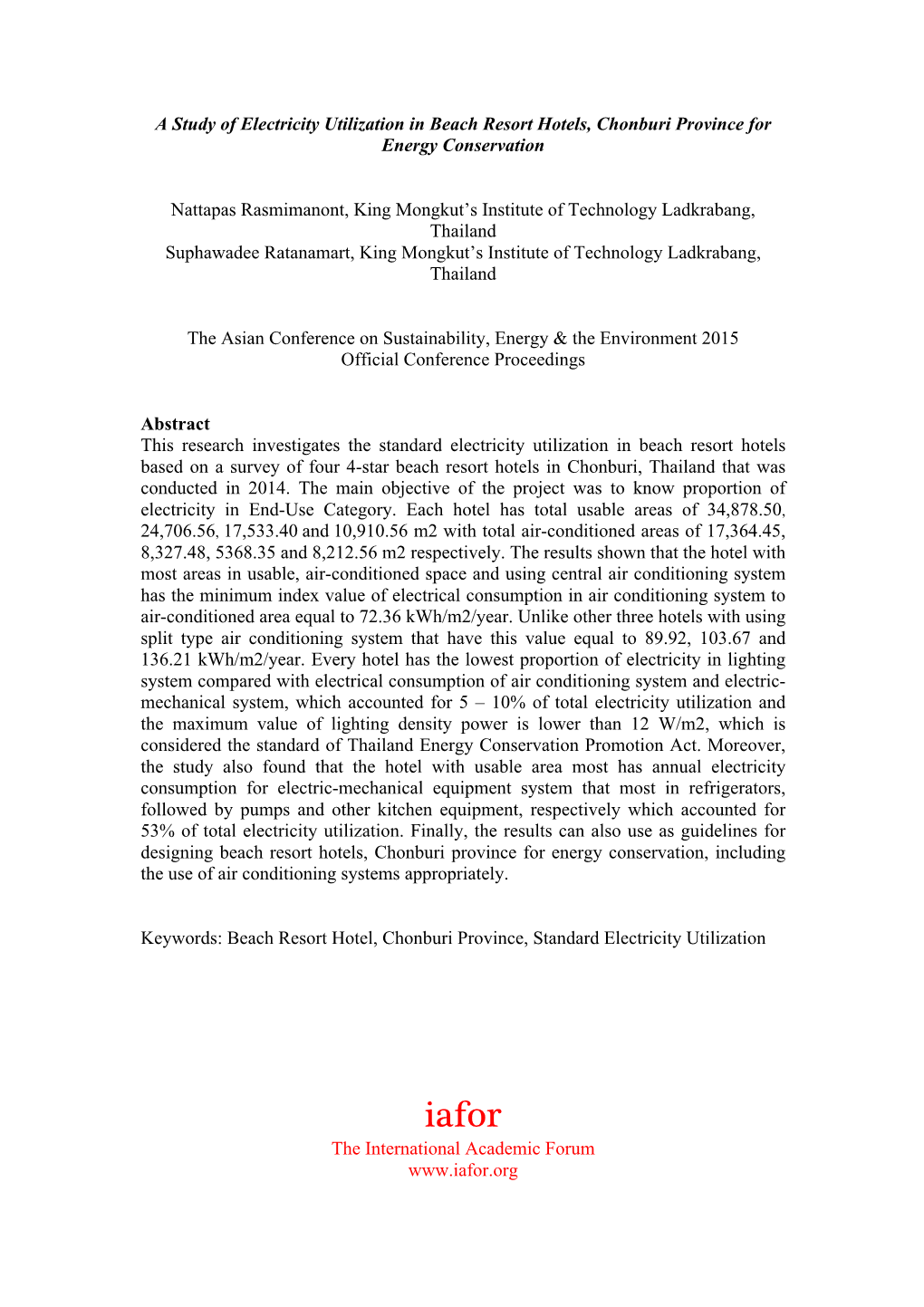 A Study of Electricity Utilization in Beach Resort Hotels, Chonburi Province for Energy Conservation