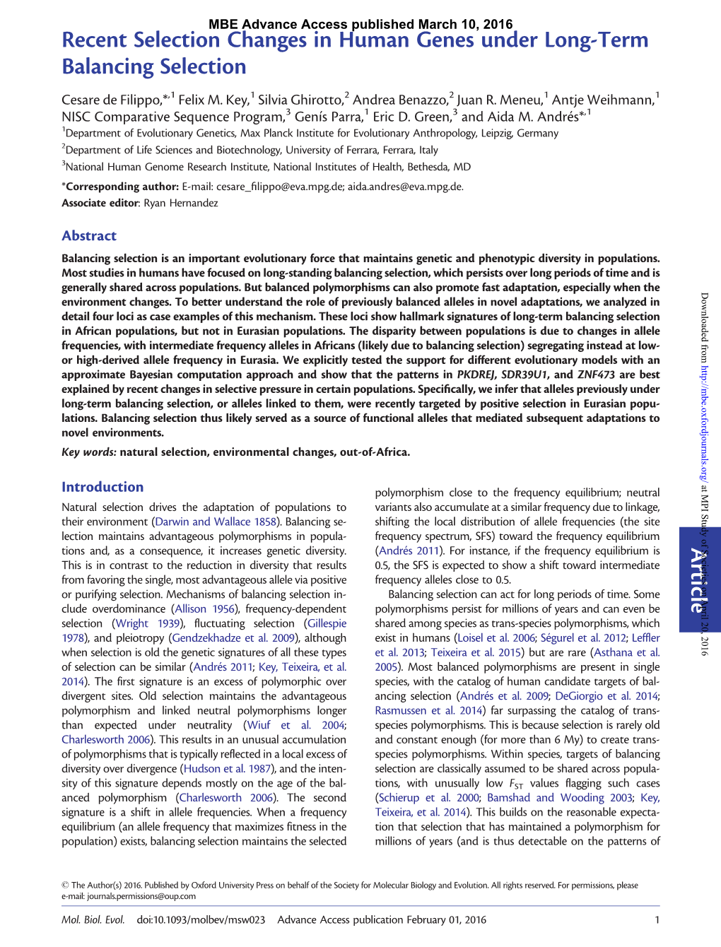 Recent Selection Changes in Human Genes Under Long-Term Balancing Selection Cesare De Filippo,*,1 Felix M