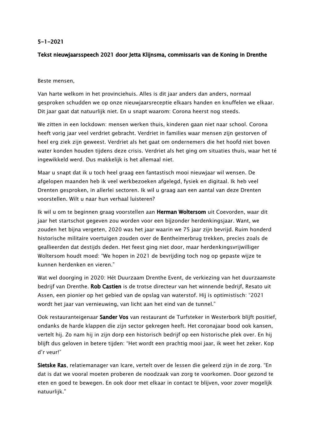 5-1-2021 Tekst Nieuwjaarsspeech 2021 Door Jetta Klijnsma