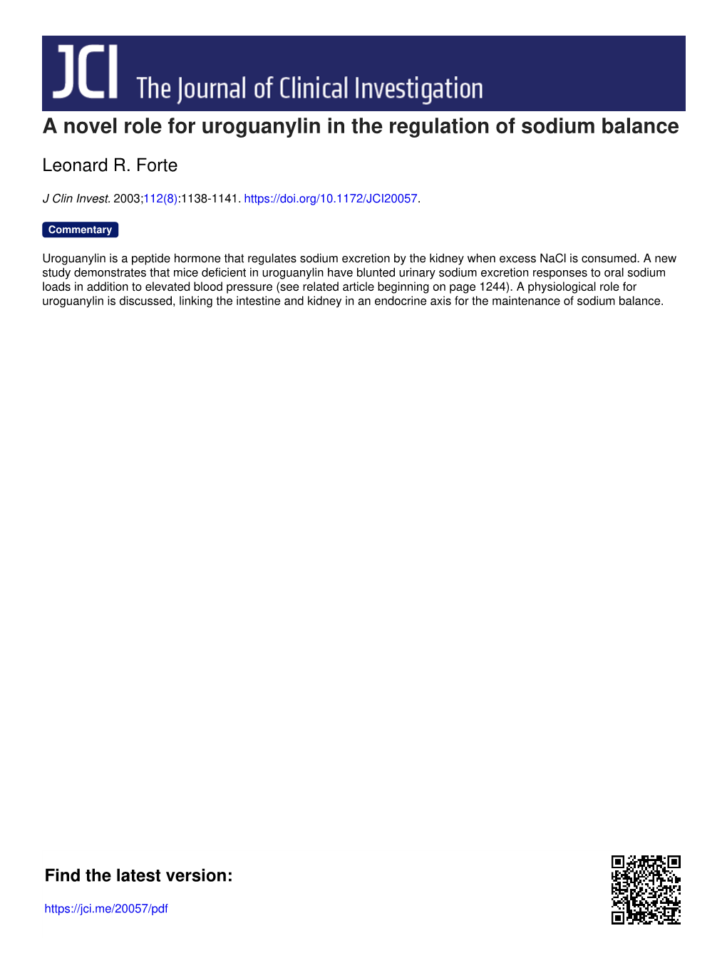 A Novel Role for Uroguanylin in the Regulation of Sodium Balance