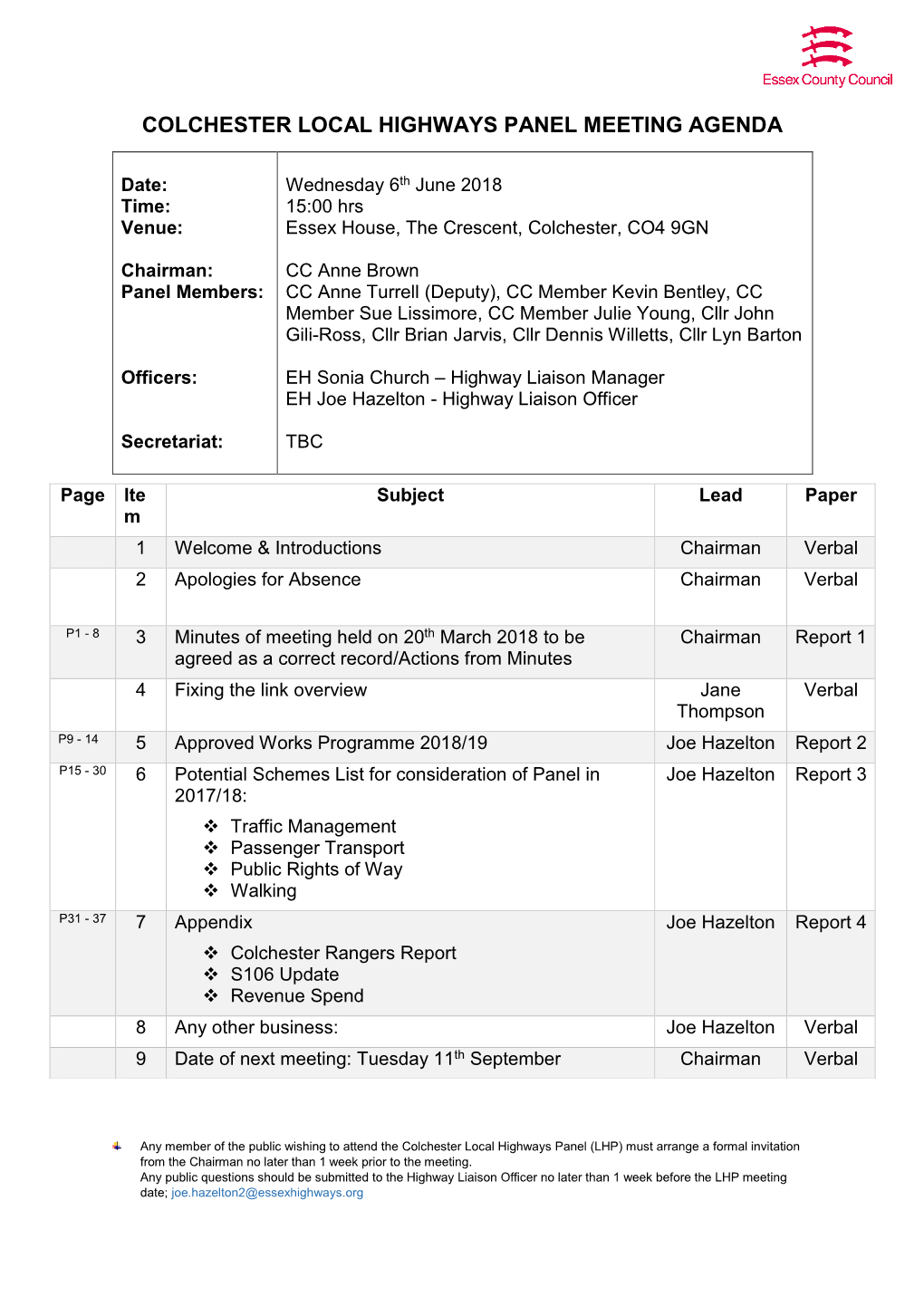 Colchester Local Highways Panel Meeting Agenda