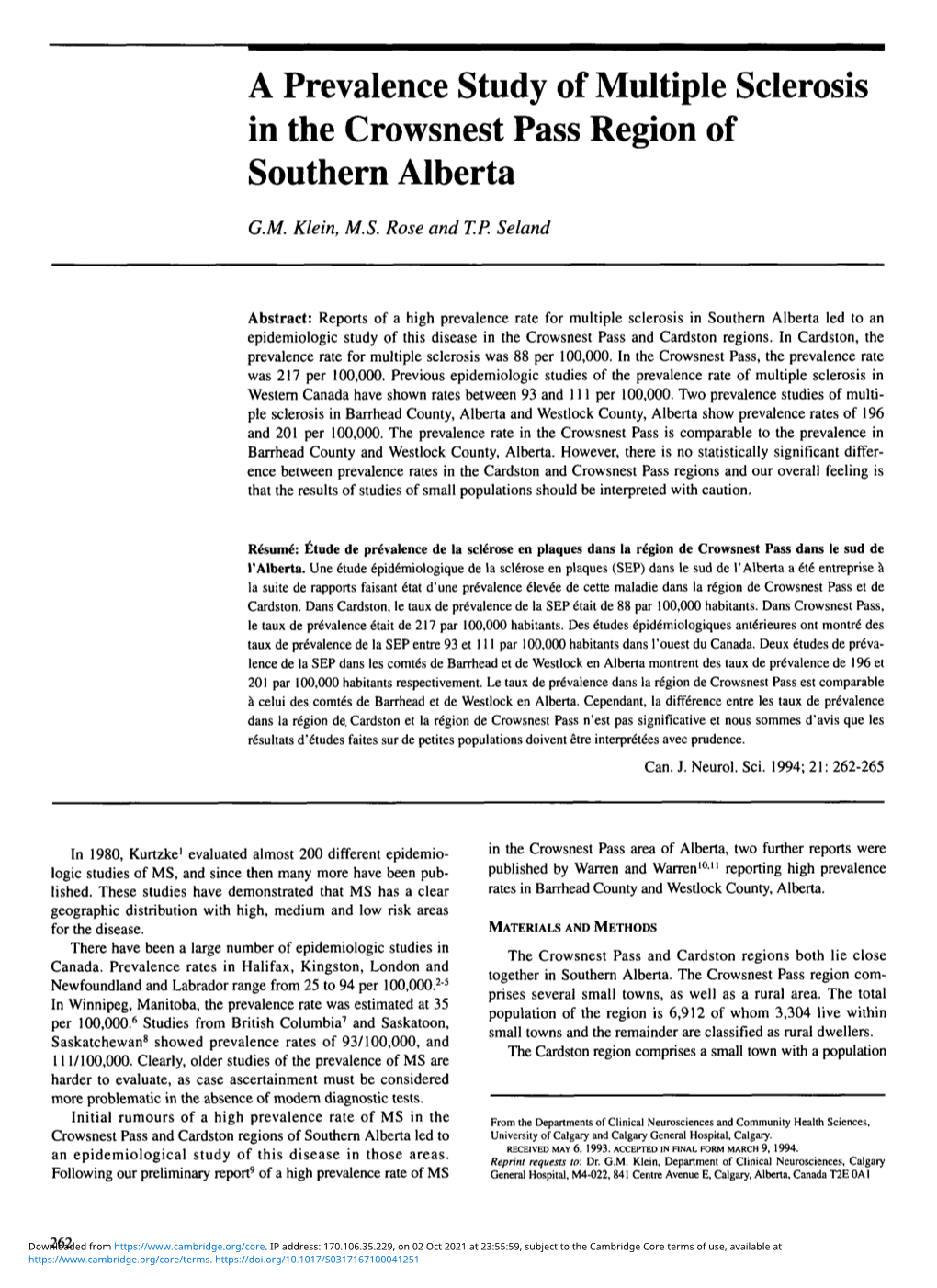 A Prevalence Study of Multiple Sclerosis in the Crowsnest Pass Region of Southern Alberta