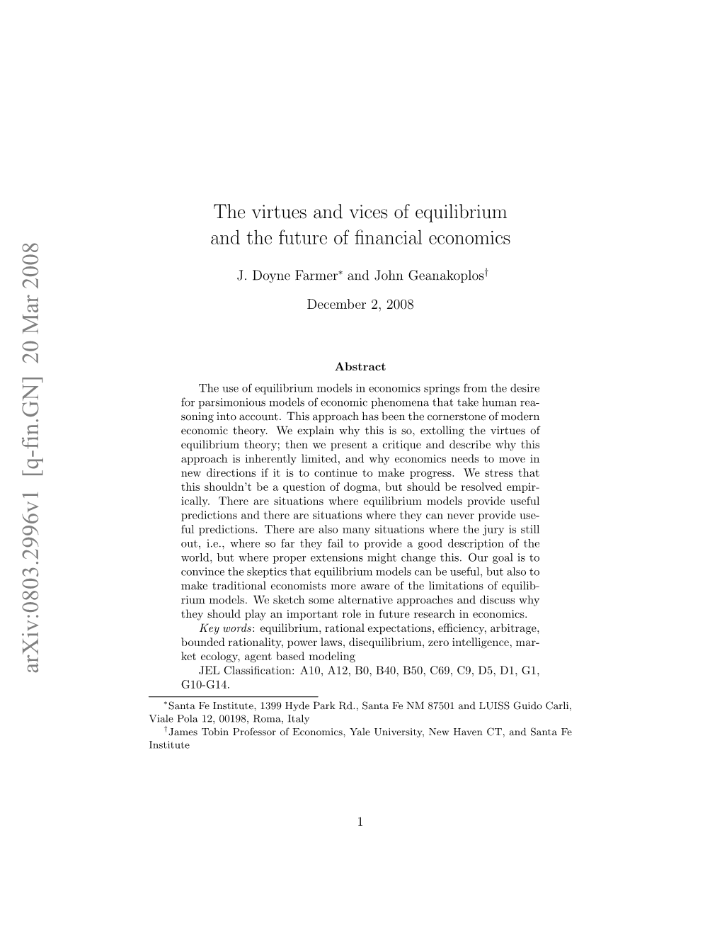 Arxiv:0803.2996V1 [Q-Fin.GN] 20 Mar 2008 JEL Classiﬁcation: A10, A12, B0, B40, B50, C69, C9, D5, D1, G1, G10-G14