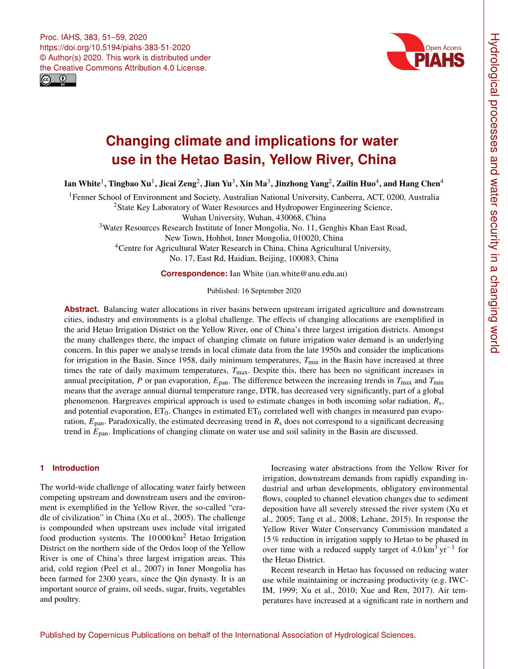 Changing Climate and Implications for Water Use in the Hetao Basin, Yellow River, China