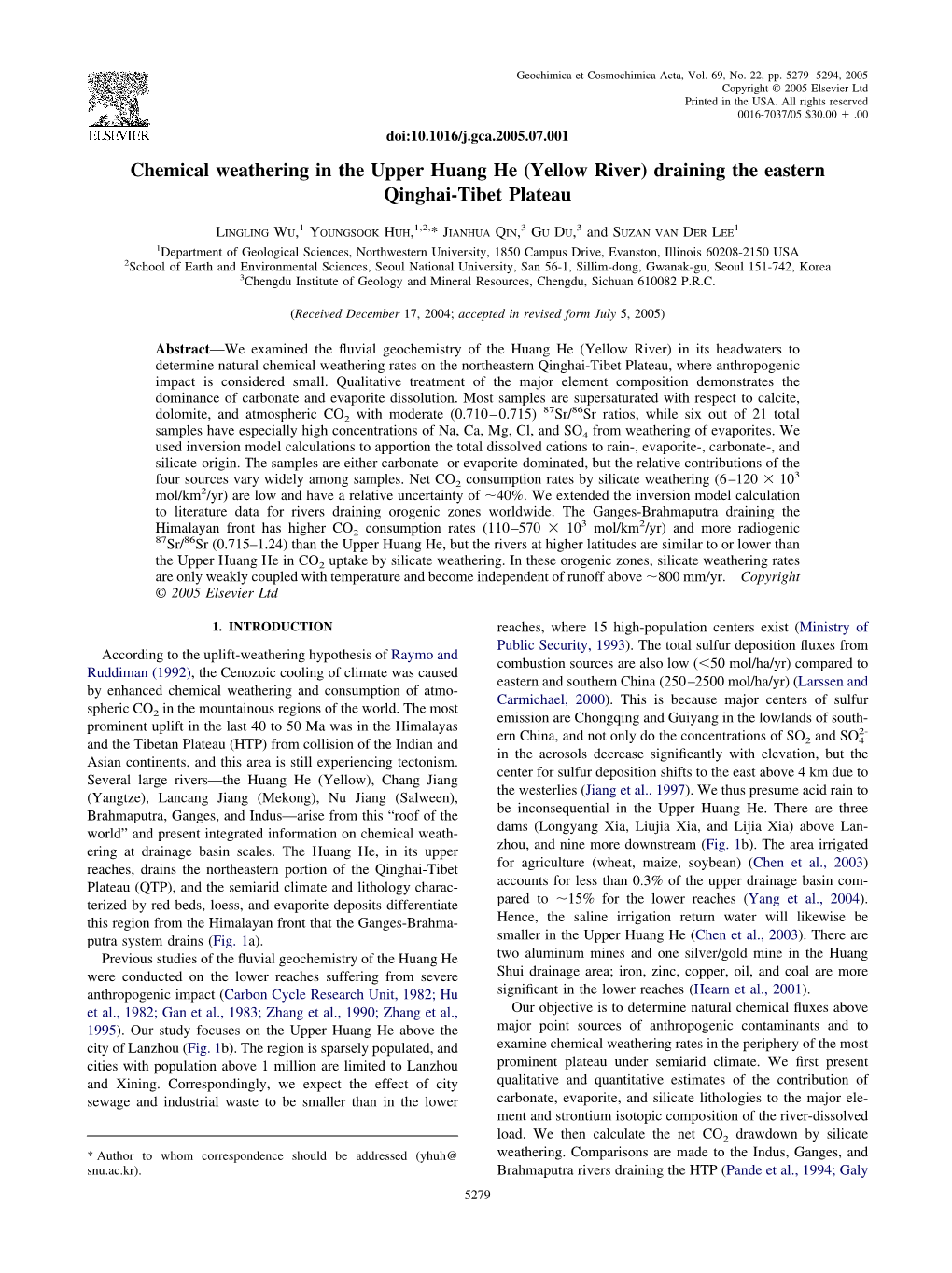 Chemical Weathering in the Upper Huang He (Yellow River) Draining the Eastern Qinghai-Tibet Plateau