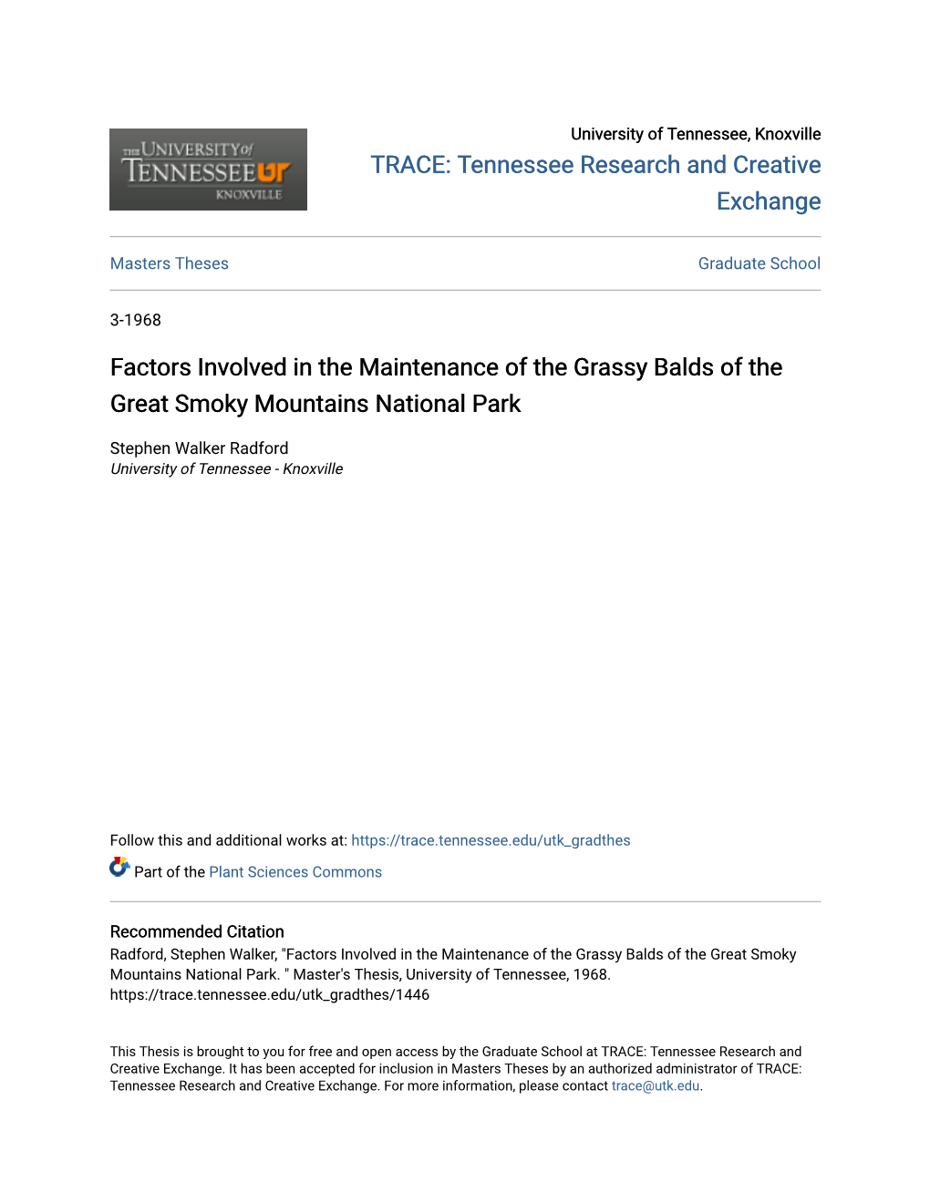 Factors Involved in the Maintenance of the Grassy Balds of the Great Smoky Mountains National Park