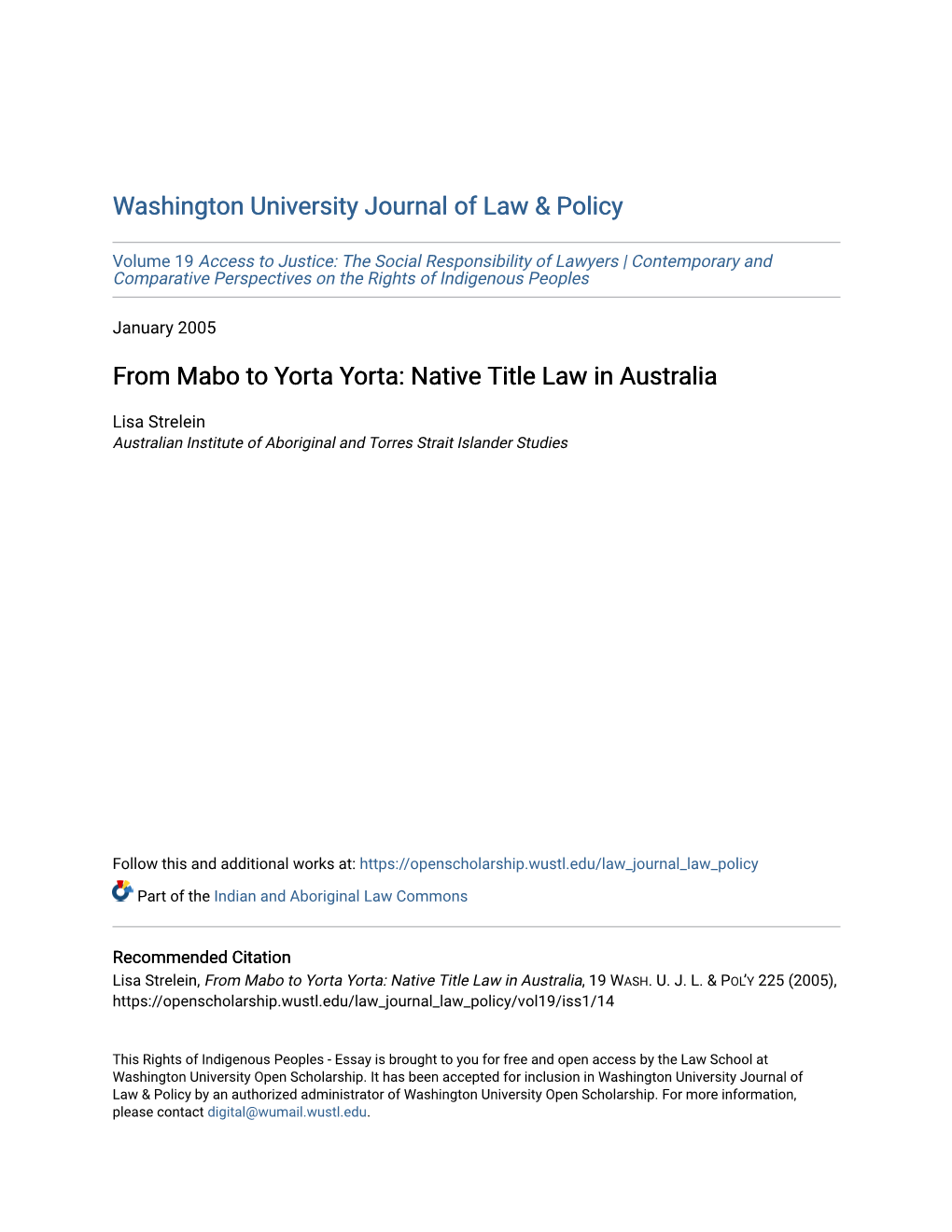 From Mabo to Yorta Yorta: Native Title Law in Australia