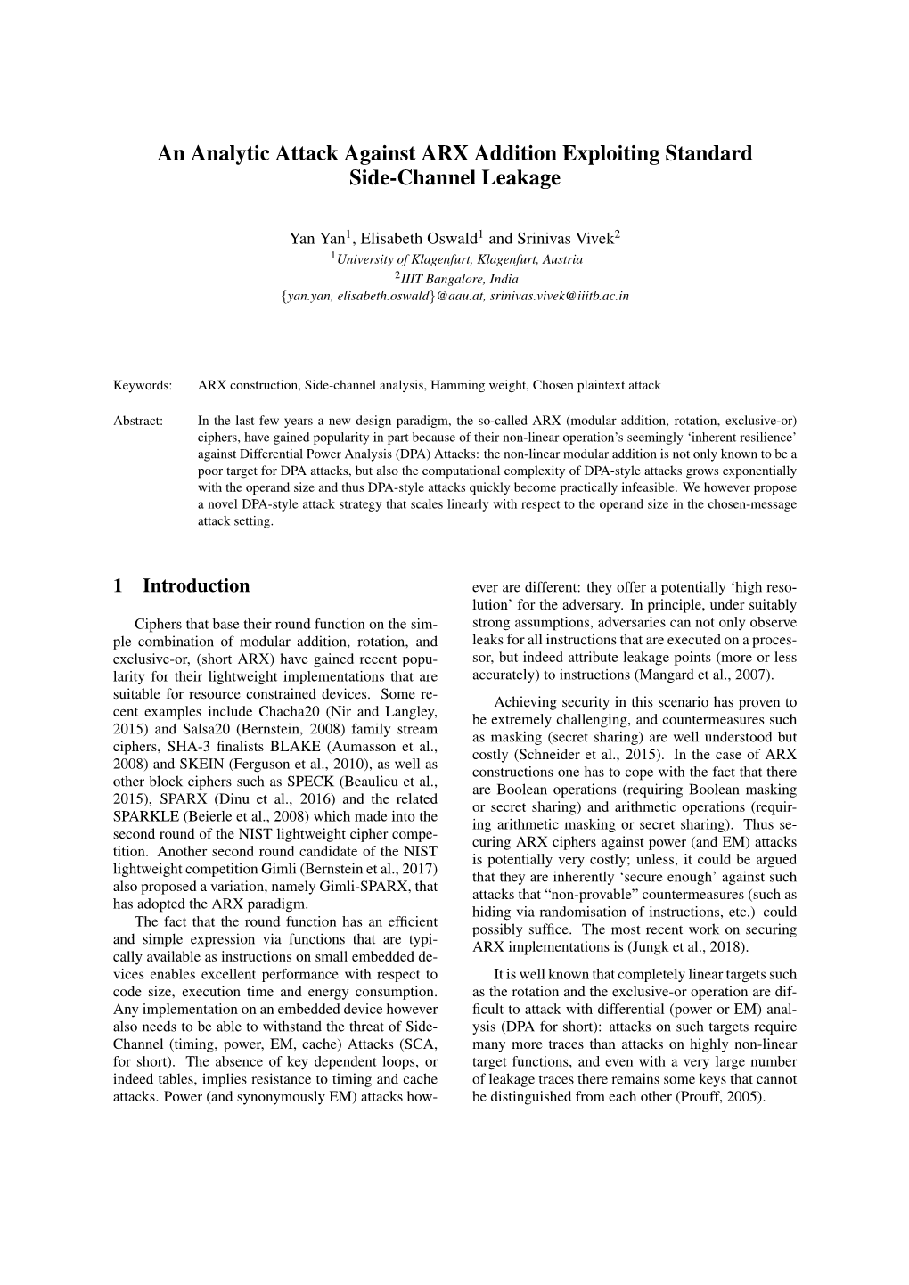 An Analytic Attack Against ARX Addition Exploiting Standard Side-Channel Leakage