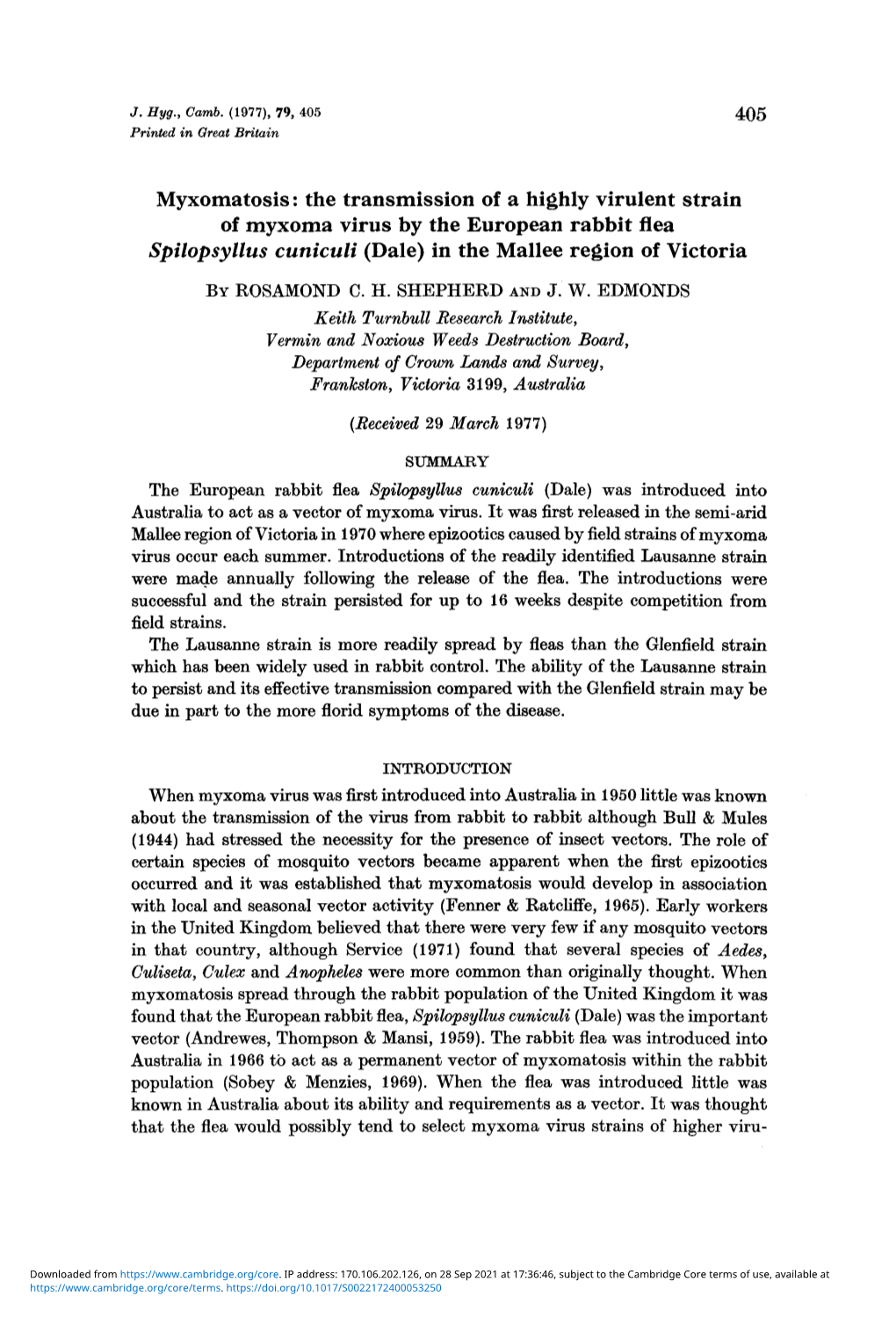 Myxomatosis: the Transmission of a Highly Virulent Strain of Myxoma Virus by the European Rabbit Flea Spilopsyllus Cuniculi (Dale) in the Mallee Region of Victoria