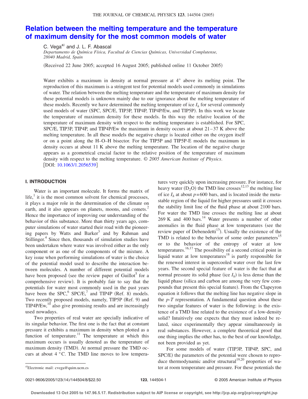 Relation Between the Melting Temperature and the Temperature of Maximum Density for the Most Common Models of Water ͒ C