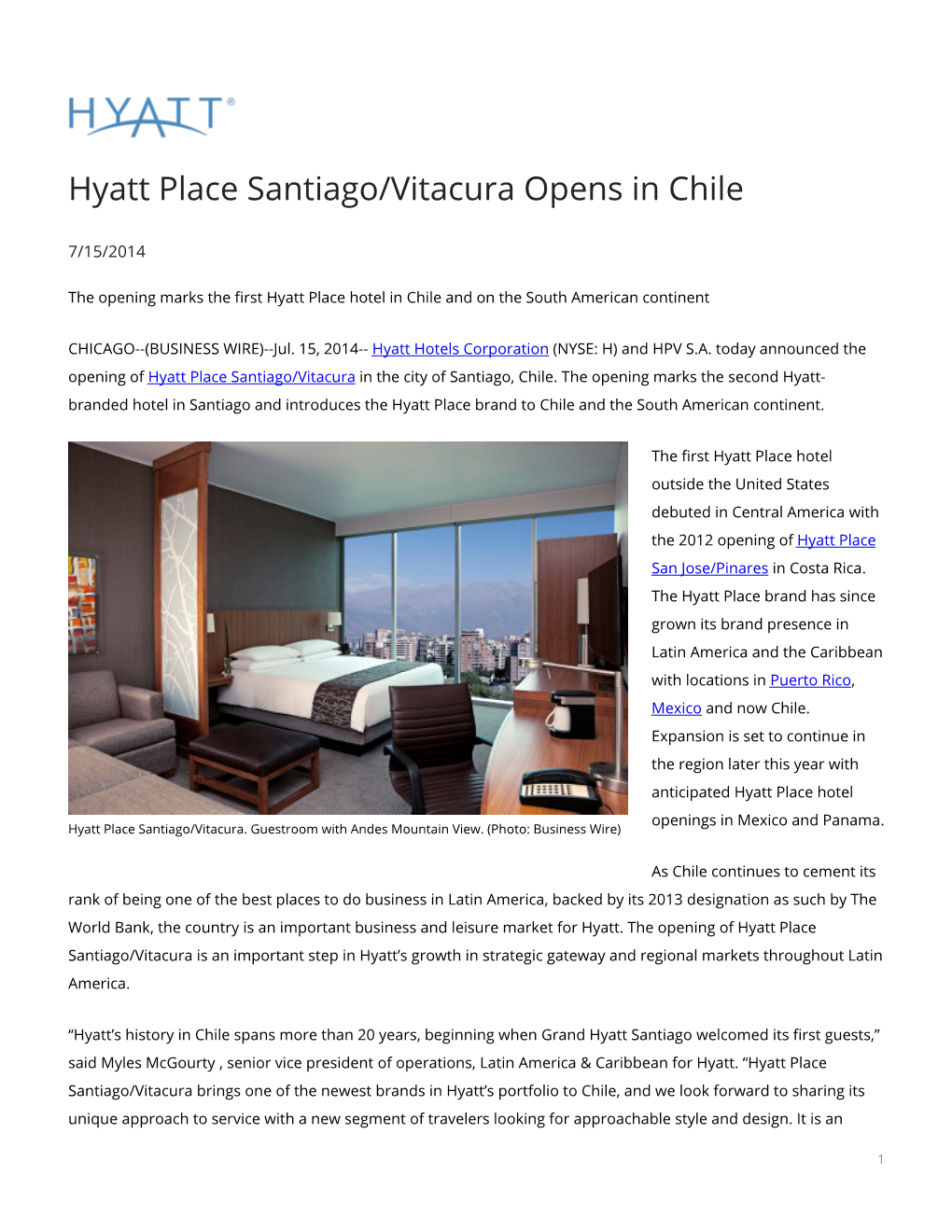 Hyatt Place Santiago/Vitacura Opens in Chile