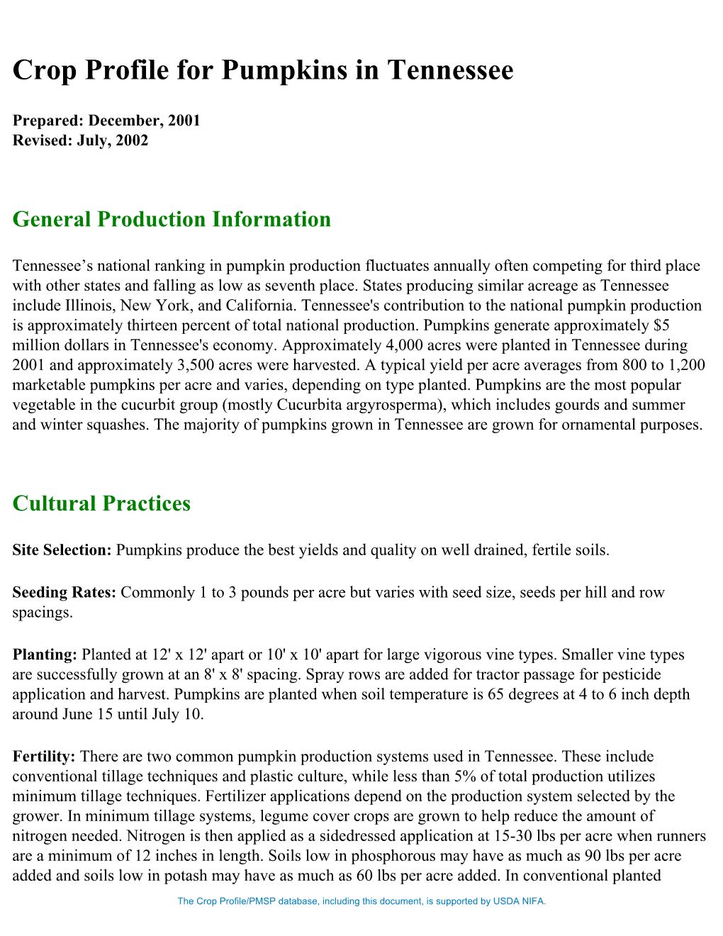 Crop Profile for Pumpkins in Tennessee