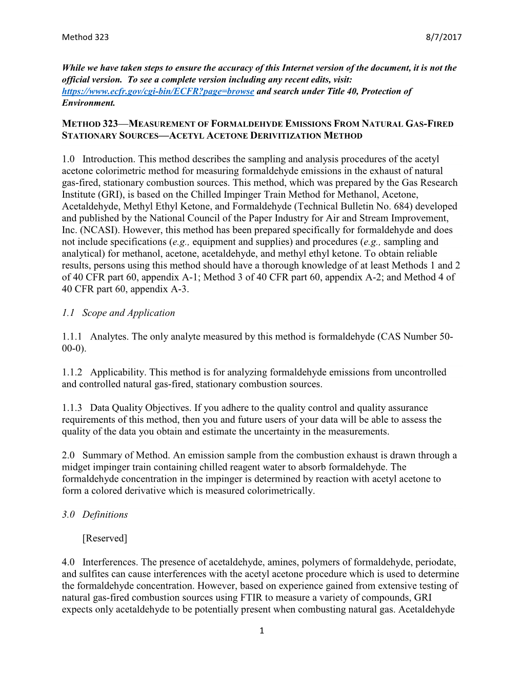 1.0 Introduction. This Method Describes the Sampling and Analysis Procedures of the Acetyl Acetone Colorimetric Method For