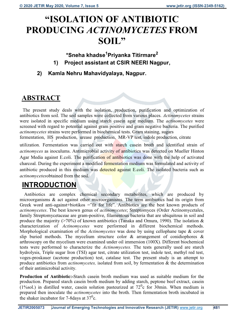 “Isolation of Antibiotic Producing Actinomycetes from Soil”