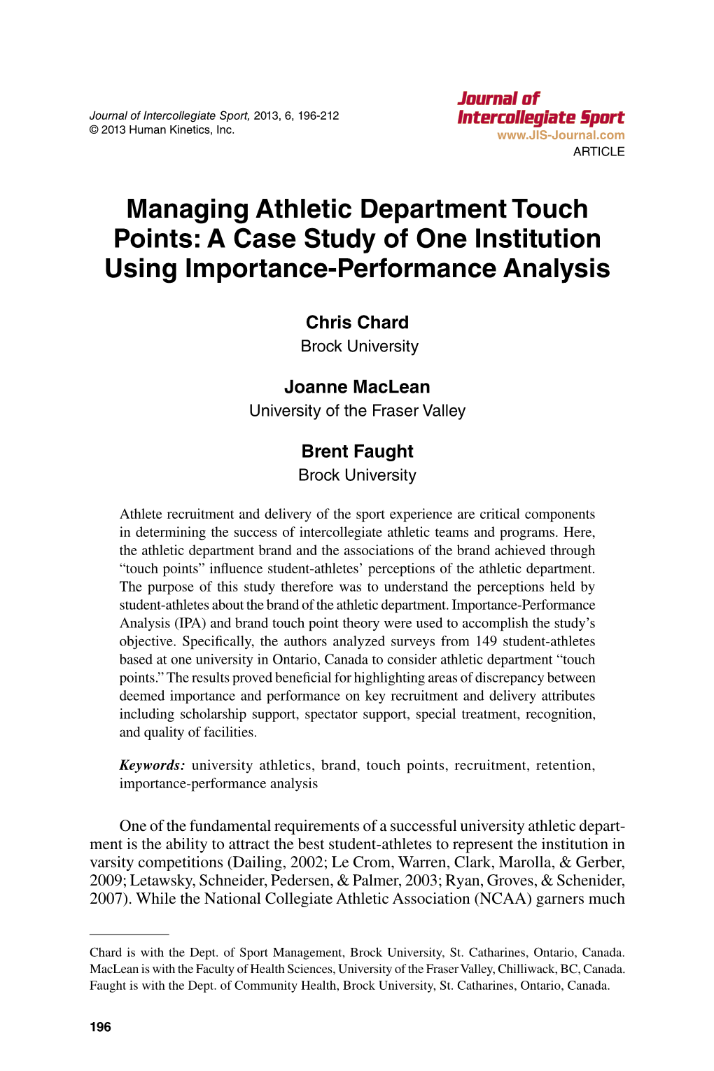 Managing Athletic Department Touch Points: a Case Study of One Institution Using Importance-Performance Analysis